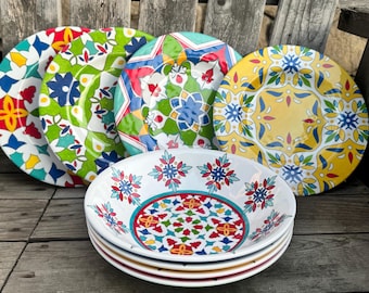 Juego de vajilla de melamina con vibrantes azulejos turcos / 8 piezas de platos y cuencos mediterráneos para exteriores
