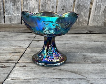 Jaren 70 Indiana Blue Carnival Glass Harvest Grape - Kaarsenhouder voor taps toelopende kaarsen, retro woondecoratie