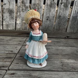 Vintage Schmid Ceramic Prairie Girl Figurine / Fabric Bonnet Pin Cushion & Thimble Holder