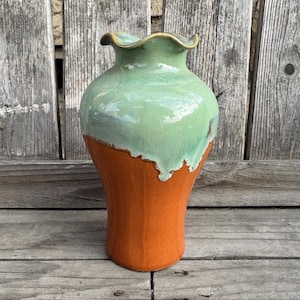 Vintage Studio Pottery Vase, Celadon Green Terracotta Drip Glaze, Ruffled Rim Flower Vessel