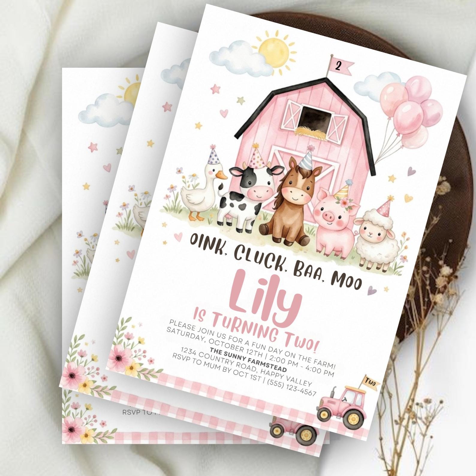 Editable Pink Farm Birthday Invitation, Girl Farm Birthday Invitation ...