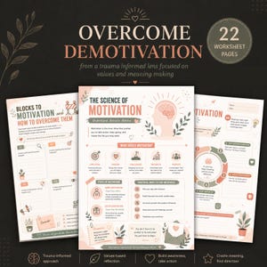 Op de afbeelding: Een set van 22 digitale werkbladpagina's getiteld Overcome Demotivation, met een trauma-geïnformeerde benadering van motivatie. De pagina's bevatten secties over de wetenschap van motivatie en praktische manieren om gemotiveerd te blijven.