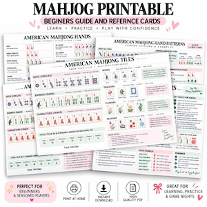 Può includere: Un set di schede di riferimento e guide per principianti stampabili per il Mahjong americano, con tabelle dettagliate dei tipi di tessere, inclusi punti, bambù, caratteri, venti, draghi, fiori e stagioni, oltre a schemi di mani vincenti e regole per i jolly.