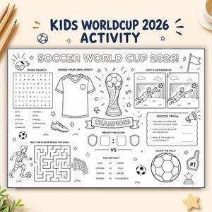 Peut inclure: Une feuille d'activités imprimable en noir et blanc intitulée Kids Worldcup 2026 Activity et Soccer World Cup 2026. Elle comprend un jeu de mots mêlés, un maillot à personnaliser, un jeu des différences, un labyrinthe, des questions et un ballon.