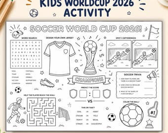 Copa do Mundo de Futebol 2026 para Imprimir, Folha de Atividades Infantis para Festa, Caça-Palavras, Monte Seu Próprio Uniforme de Time, Desenho para Colorir - Atividades Divertidas para Crianças