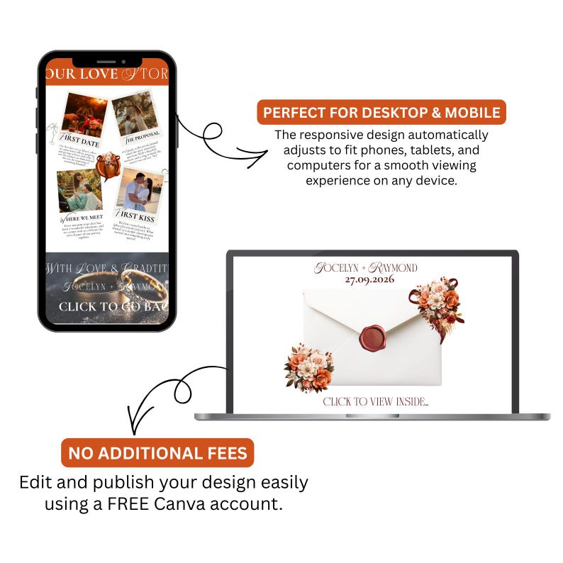 May include: A smartphone and laptop display a wedding invitation design. The invitation features floral accents, a wax seal, and the names "Gocelyn + Raymond" with the date "27.09.2026". The design is adaptable for desktop and mobile.