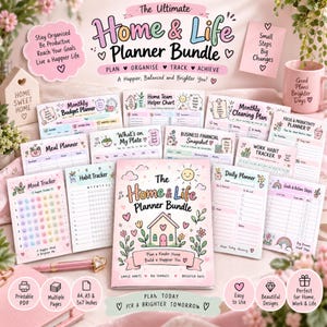 May include: A collection of printable planner pages titled The Ultimate Home & Life Planner Bundle, featuring pastel-colored charts for monthly budgets, cleaning, meals, habits, moods, and daily tasks, alongside a pink pen and decorative notes.