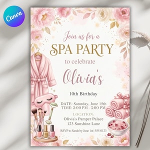 Spa Birthday Party Invitation, Editable Canva Template, Girls Spa Birthday, Pamper Party Invite, Glam Party Birthday, Pink flower Invitation