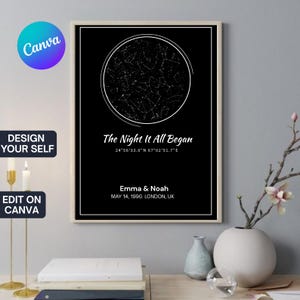 May include: A rectangular black poster in a light-colored frame featuring a circular white star map. The text reads: The Night It All Began, 24°56'33.0"N 67°02'51.7"W, Emma & Noah, MAY 14, 1990. LONDON, UK. The design includes a thin white border.