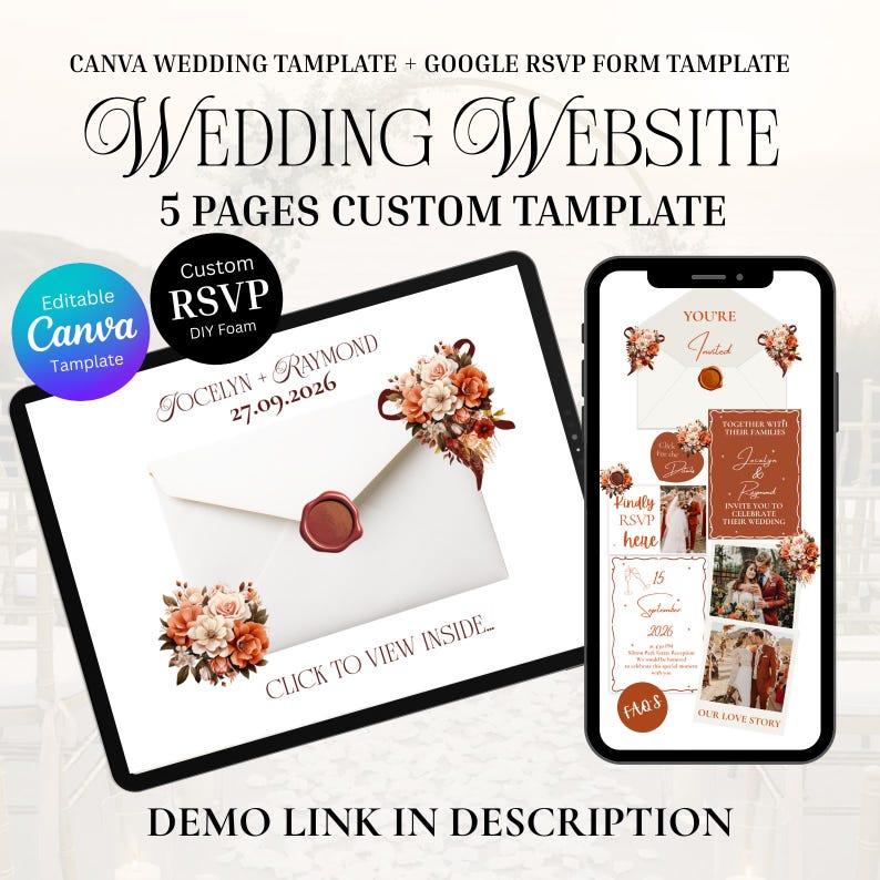May include: A digital wedding website template displayed on a tablet and smartphone. The tablet shows a wedding invitation design with a wax seal and floral accents. The smartphone displays wedding details. Text includes "Wedding Website" and "RSVP".
