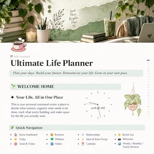 May include: A digital life planner interface titled Ultimate Life Planner with sections for Welcome Home, Your Life, All in One Place, and Quick Navigation. It features a clock showing 9:28:46 AM, a plant graphic, and text including Good Plans Brighter Days.