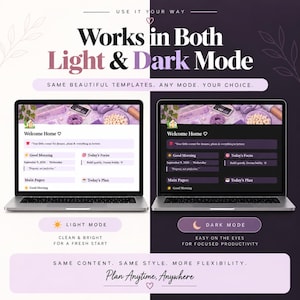 May include: Two laptops displaying digital planner templates in light and dark modes. The screens show text including Welcome Home, Good Morning, Today's Focus, and Today's Plan. The background is split between white and dark purple with text overlays.