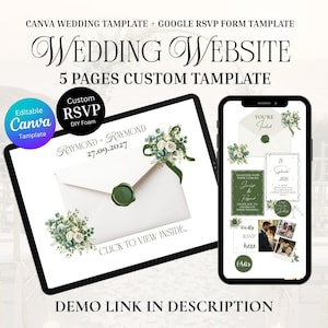 Modelo de site de casamento floral verde e branco, design moderno e editável no Canva, convite de casamento, confirmação de presença online editável, site elegante para dispositivos móveis.