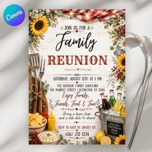May include: A family reunion invitation card featuring a white wood background, sunflowers, greenery, and a red checkered cloth with string lights. It includes text details for a Saturday event, a metal bucket with bottles, and barbecue utensils.