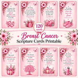 May include: A set of 120 printable Breast Cancer scripture cards featuring pink floral designs, butterflies, and ribbons. Each card displays inspirational religious text and symbols like a watering can, stethoscope, sneakers, and lantern on a pink background.