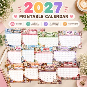 May include: A 2027 printable calendar featuring 12 monthly pages in landscape orientation. Each page displays a grid for dates with seasonal floral and decorative illustrations. The set includes 12 pages, instant download, and 11 x 8.5 inches size.