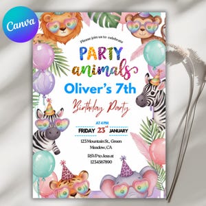 Könnte beinhalten: Eine farbenfrohe Geburtstagseinladung mit dem Text "PARTY animals" und "Oliver's 7th Birthday Party". Die Einladung zeigt Illustrationen von Tieren mit Sonnenbrillen und Partyhüten sowie Luftballons und Blättern. Das Datum ist Freitag, der 23. Januar.