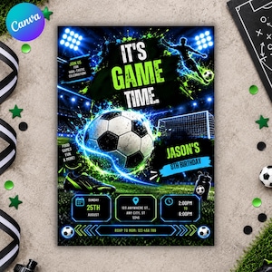 May include: A football-themed birthday invitation card featuring a large black and white football, green neon text that reads IT'S GAME TIME, a silhouette of a player, a goal, a boot, and event details for Jason's 8th birthday party.
