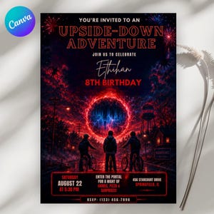 May include: A birthday invitation flyer titled Upside-Down Adventure for Ethihan's 8th birthday. The graphic features three figures on bicycles facing a glowing red portal in a dark, stormy landscape with fireworks, a water tower, and text details.