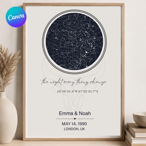 May include: A framed wall art print featuring a circular dark blue star map, the text "the night every thing change", coordinates "24°56'33.0"N 67°02'51.7"E", the names "Emma & Noah", and the date "MAY 14, 1990" with the location "LONDON, UK".