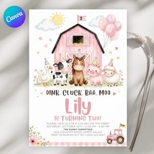 May include: A pink farm-themed invitation featuring cartoon animals in party hats, such as a duck, cow, horse, pig, and sheep. The text says "Lily is Turning Two!" and includes event details. The Canva logo is in the upper left corner.