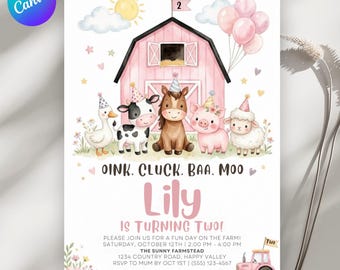 May include: A pink barnyard-themed invitation with cartoon animals, including a duck, cow, horse, pig, and sheep, wearing party hats. The text reads "Lily is Turning Two!" and includes event details. The Canva logo is in the upper left corner.