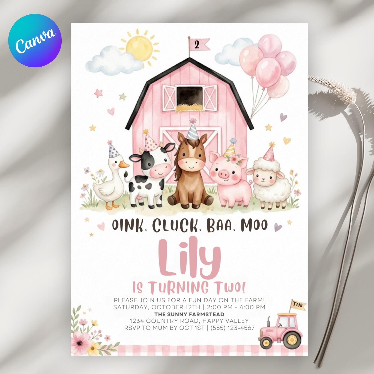 Editable Pink Farm Birthday Invitation, Girl Farm Birthday Invitation ...