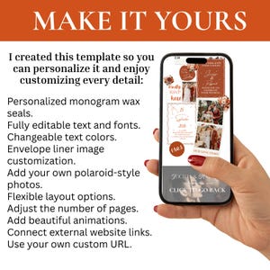 May include: A smartphone displays a wedding invitation template with the text "MAKE IT YOURS." The screen shows sample invitations with photos and text. The template offers customization options, including text, fonts, colors, and photo integration.