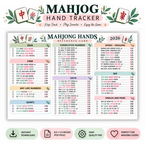 May include: A Mahjong Hand Tracker reference card for 2026 featuring categorised lists of winning hands with numerical and letter codes. The card includes sections for 2026, 2468, any like numbers, quints, consecutive numbers, 13579, winds, dragons, 369, and singles and pairs, with a visible 8.5 x 5.5 inches label.