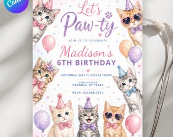 May include: A pastel-colored birthday invitation featuring watercolor illustrations of kittens wearing party hats and bow ties. The text reads "Let's Paw-ty" and announces "Madison's 6th Birthday". Includes date, time, and RSVP information.