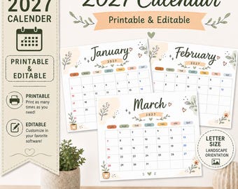 Calendario 2027, Agenda mensile 2027 orizzontale, Elegante calendario mensile con inizio domenica e inizio lunedì, Calendario da parete mensile stampabile in PDF.