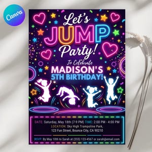 Pode incluir: Um vibrante convite para uma festa com o texto "Let's JUMP Party!" em cores neon. O convite celebra o 5º aniversário de Madison e inclui detalhes do evento. Apresentam-se silhuetas de crianças a saltar.