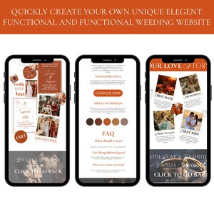May include: Three smartphones displaying a wedding website design. The screens showcase wedding details, photos, and FAQs. The website design includes a color palette of browns and tans, with the text "Quickly create your own unique elegant functional and functional weeding website."