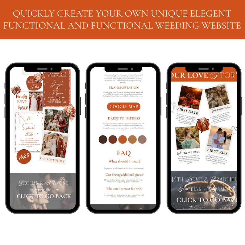 May include: Three smartphones displaying a wedding website design. The screens showcase wedding details, photos, and FAQs. The website design includes a color palette of browns and tans, with the text "Quickly create your own unique elegant functional and functional weeding website."
