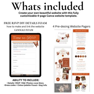 May include: A digital wedding website template with the text "Whats included". The template includes a customizable 4-page Canva website, RSVP details, and pre-designed website pages. The template includes details, RSVP, FAQ, photos, love story, dress codes, color palette, travel, and stay info.