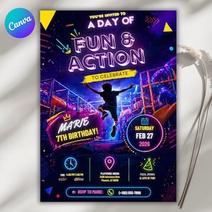 以下が含まれることがあります： ネオンカラーの誕生日パーティーの鮮やかな招待状。「A Day of Fun & Action」と「Marie 7th Birthday!」の文字。中央にはジャンプしている人のシルエット。日付は2026年2月27日です。