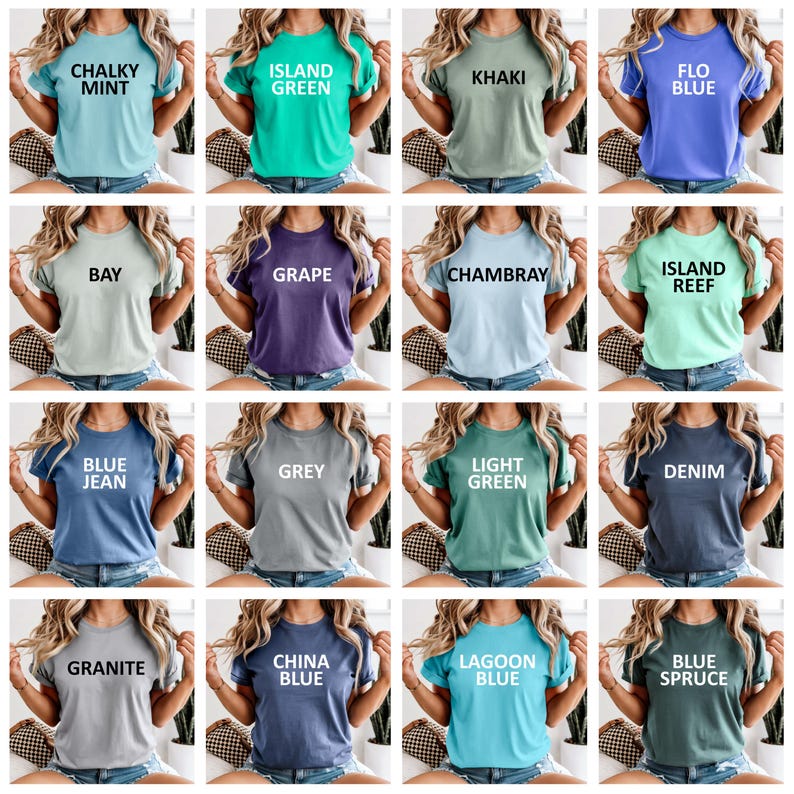 May include: A collection of short-sleeved t-shirts in various colors, each with a different color name printed in white. Colors include Chalky Mint, Island Green, Khaki, Flo Blue, Bay, Grape, Chambray, Island Reef, Blue Jean, Grey, Light Green, Denim, Granite, China Blue, Lagoon Blue, and Blue Spruce.