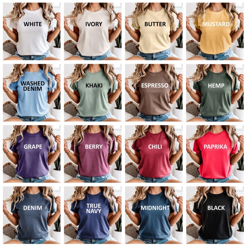May include: A collection of short-sleeved t-shirts in various colors, each labeled with a color name in white text. Colors include white, ivory, butter, mustard, washed denim, khaki, espresso, hemp, grape, berry, chili, paprika, denim, true navy, midnight, and black.