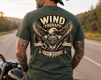 Wind Therapy Shirt, Vintage Motorcycle Tee, Eagle Biker Graphic, Two Wheels Back Print