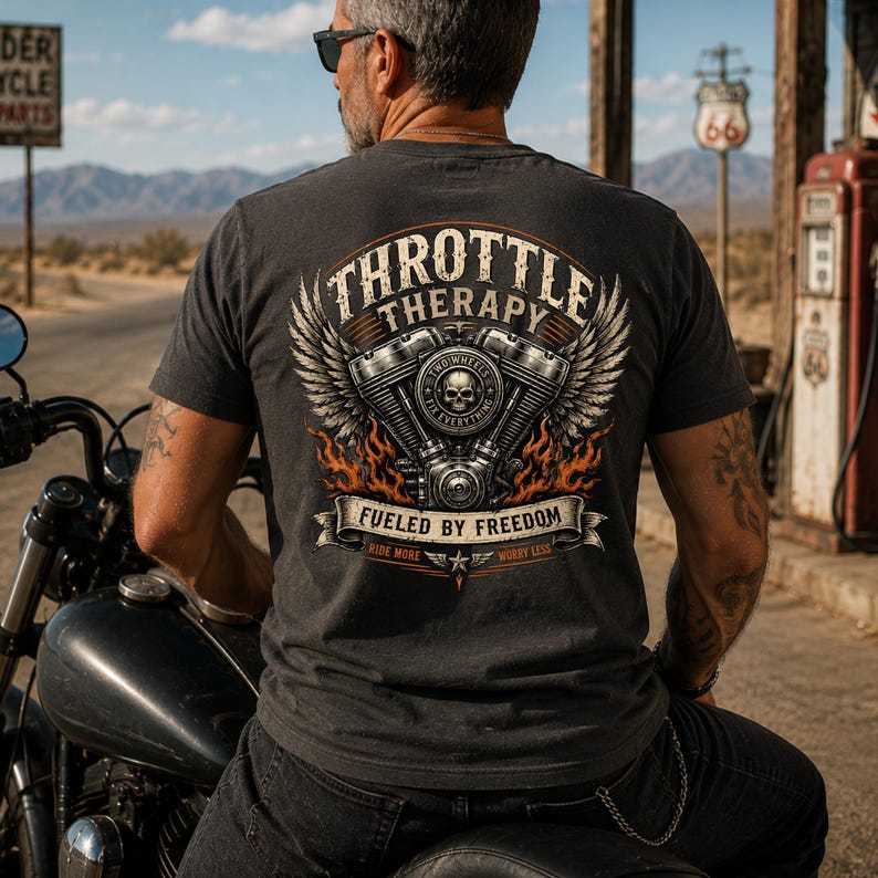May include: A charcoal gray t-shirt featuring a large back graphic of a motorcycle engine with wings, flames, and a skull. The text reads THROTTLE THERAPY, FUELED BY FREEDOM, TWO WHEELS FIX EVERYTHING, and RIDE MORE WORRY LESS in a vintage style.