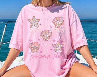 Comfort Colors®Summer Vibes Shirt, Coastal Bow Beach Tee, Seashell Graphic Shirt
