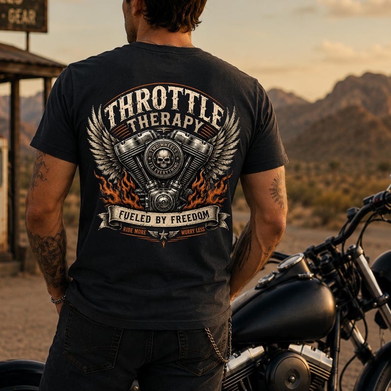 May include: A charcoal gray t-shirt featuring a back graphic of a motorcycle engine with wings, flames, and a skull. The text reads Throttle Therapy, Fueled By Freedom, Two Wheels Fix Everything, and Ride More Worry Less in a vintage style font.