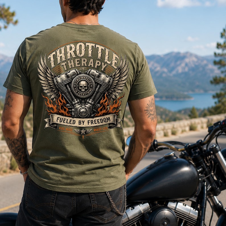 May include: An olive green t-shirt featuring a large back graphic of a motorcycle engine with wings, flames, and a skull. The text reads "THROTTLE THERAPY", "TWO WHEELS FIX EVERYTHING", and "FUELED BY FREEDOM" in a vintage, distressed font style.