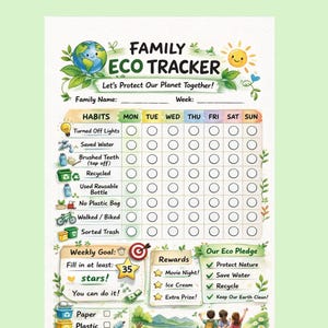 May include: A colorful family eco tracker chart with the text "Family Eco Tracker" and "Let's Protect Our Planet Together!". It includes sections for habits, weekly goals, rewards, and an eco pledge. The chart is designed to track eco-friendly activities.