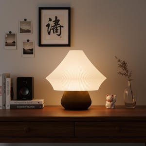 Puede incluir: Una lámpara de mesa con forma de seta que presenta una pantalla cónica blanca plisada y una base redondeada de color marrón oscuro con textura acanalada. La lámpara emite un brillo cálido y suave que ilumina el entorno con una luz acogedora.