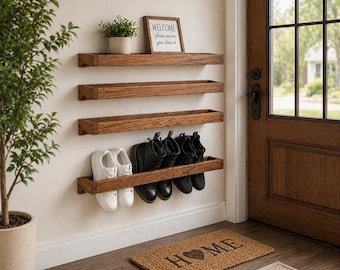4 Pcs Wall Mounted Shoe Rack 30 Inch Rustic Wood Wall Hanging, Space Saving Footwear Holder Shoe Storage Organizer for Mudroom, Entryway