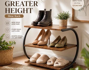 C-Shaped 3-Tier Shoe Rack – Metal Frame, Wood Shelves, Entryway Organizer