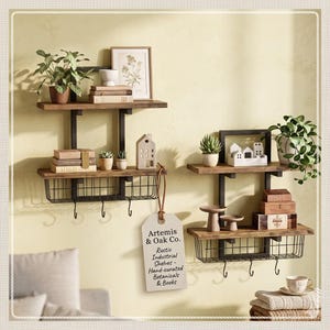 Rustic Wood Wall Shelves with Hooks, 2 Tier Decorative Storage, Bathroom Kitchen