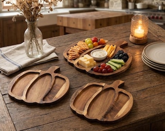Handgemaakte pompoen charcuterieplankenset van acaciahout | Rustiek dienblad herfst, kaasplank