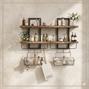 Rustic Wood Wall Shelves with Hooks, 2 Tier Decorative Storage, Bathroom Kitchen